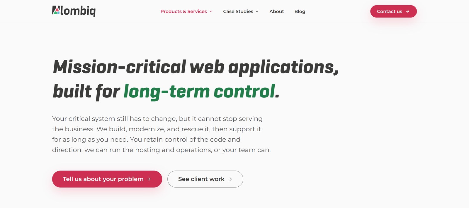 The new Lombiq.com homepage hero: Mission-critical web applications, built for long-term control